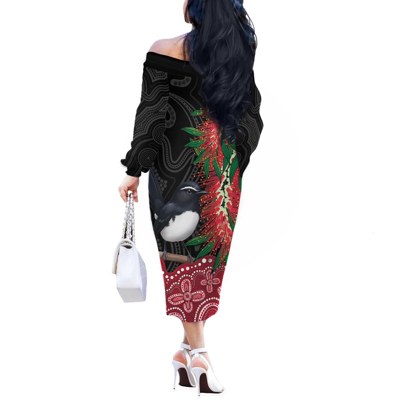 Willie wagtail Australia Off The Shoulder Long Sleeve Dress Aussie Bottlebrushes Aboriginal Art - Aussie Hoodie