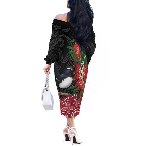 Willie wagtail Australia Off The Shoulder Long Sleeve Dress Aussie Bottlebrushes Aboriginal Art - Aussie Hoodie