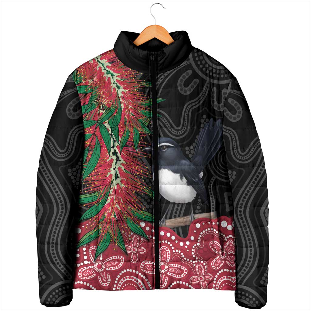 Willie wagtail Australia Padded Jacket Aussie Bottlebrushes Aboriginal Art - Aussie Hoodie
