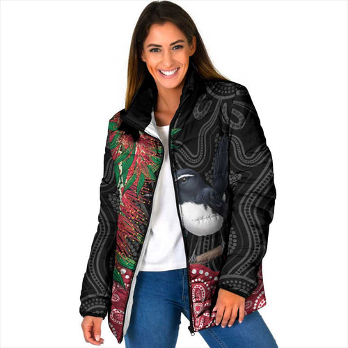 Willie wagtail Australia Padded Jacket Aussie Bottlebrushes Aboriginal Art - Aussie Hoodie