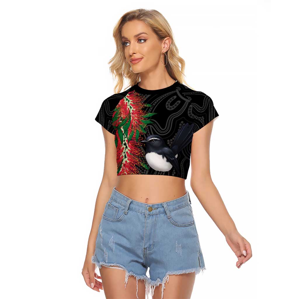 Willie wagtail Australia Raglan Cropped T Shirt Aussie Bottlebrushes Aboriginal Art - Aussie Hoodie