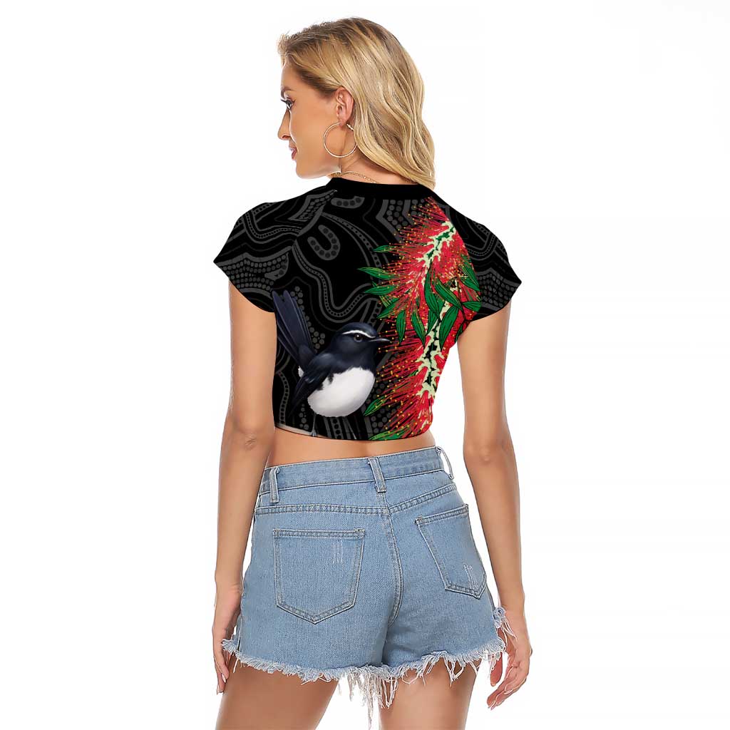 Willie wagtail Australia Raglan Cropped T Shirt Aussie Bottlebrushes Aboriginal Art - Aussie Hoodie