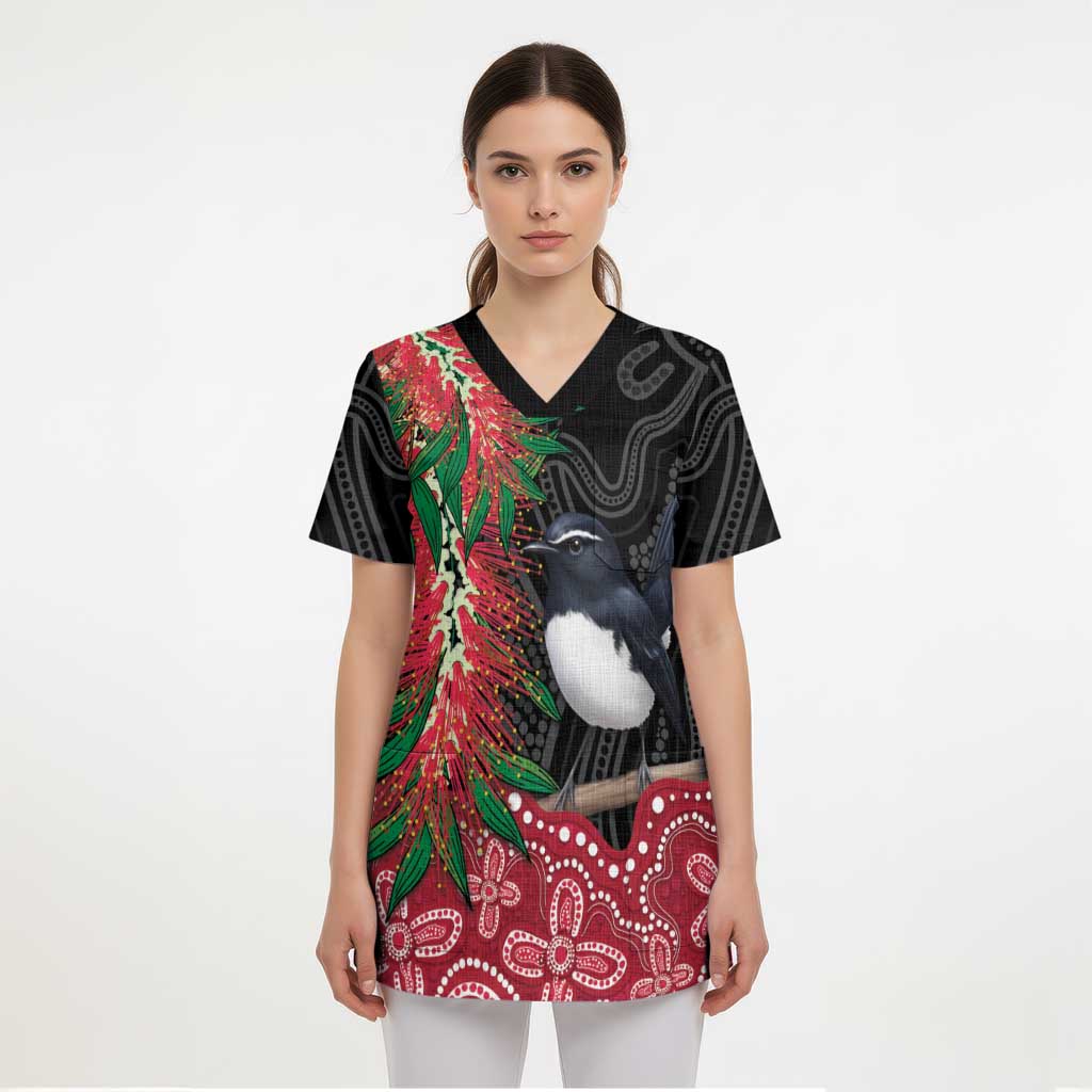 Willie wagtail Australia Scrub Top Aussie Bottlebrushes Aboriginal Art - Aussie Hoodie