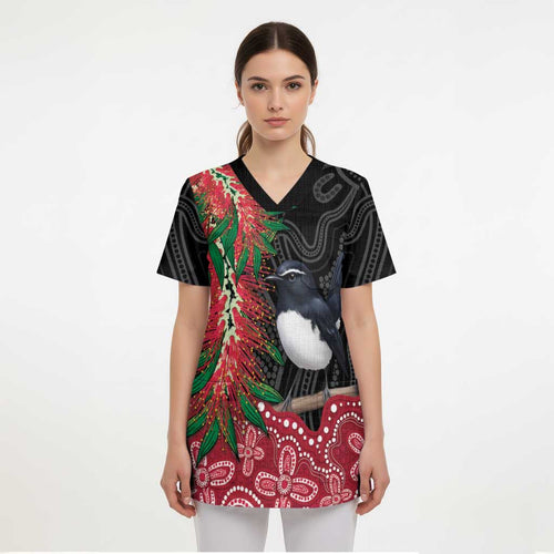 Willie wagtail Australia Scrub Top Aussie Bottlebrushes Aboriginal Art - Aussie Hoodie
