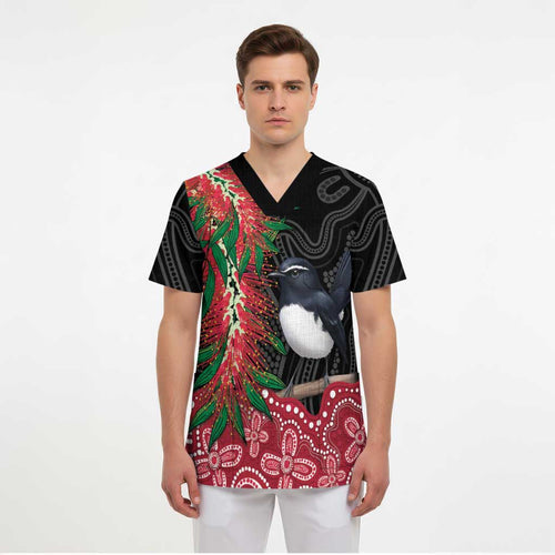 Willie wagtail Australia Scrub Top Aussie Bottlebrushes Aboriginal Art - Aussie Hoodie