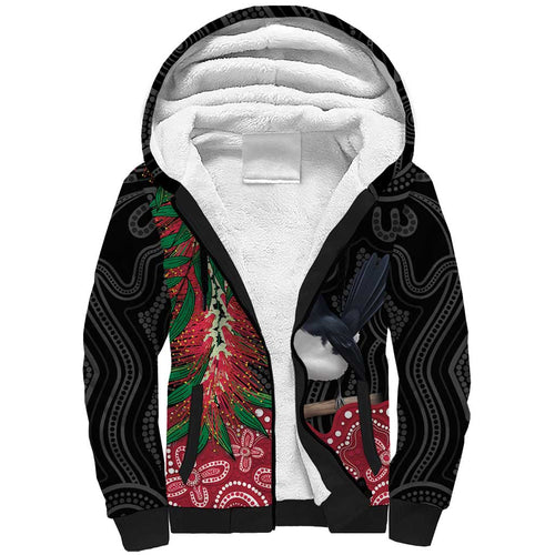 Willie wagtail Australia Sherpa Hoodie Aussie Bottlebrushes Aboriginal Art - Aussie Hoodie