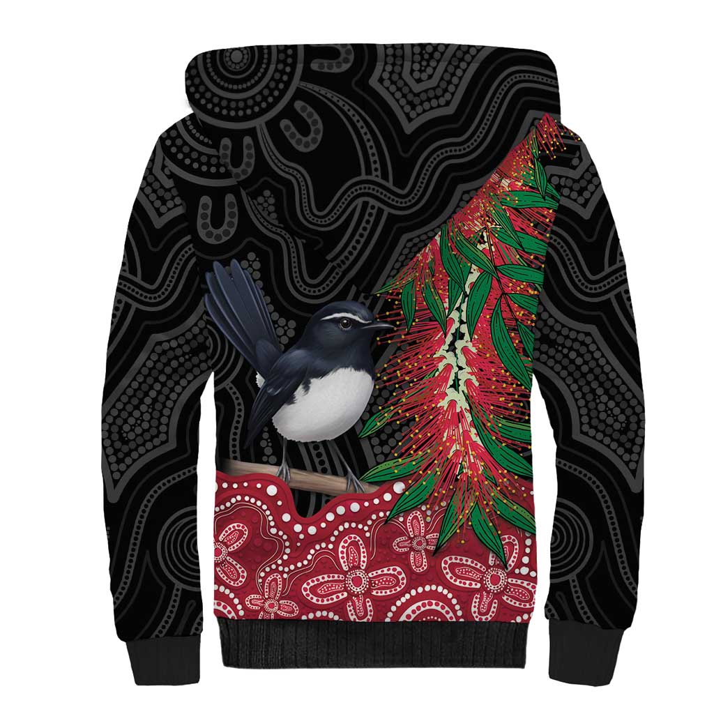 Willie wagtail Australia Sherpa Hoodie Aussie Bottlebrushes Aboriginal Art - Aussie Hoodie