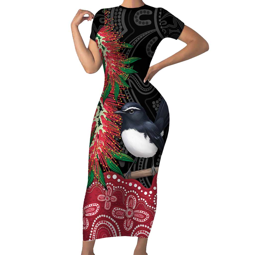 Willie wagtail Australia Short Sleeve Bodycon Dress Aussie Bottlebrushes Aboriginal Art - Aussie Hoodie