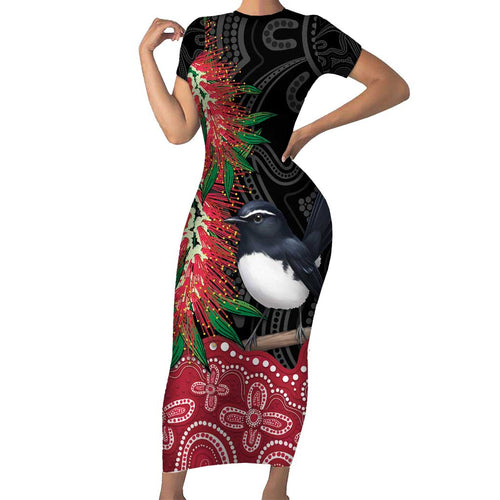 Willie wagtail Australia Short Sleeve Bodycon Dress Aussie Bottlebrushes Aboriginal Art - Aussie Hoodie
