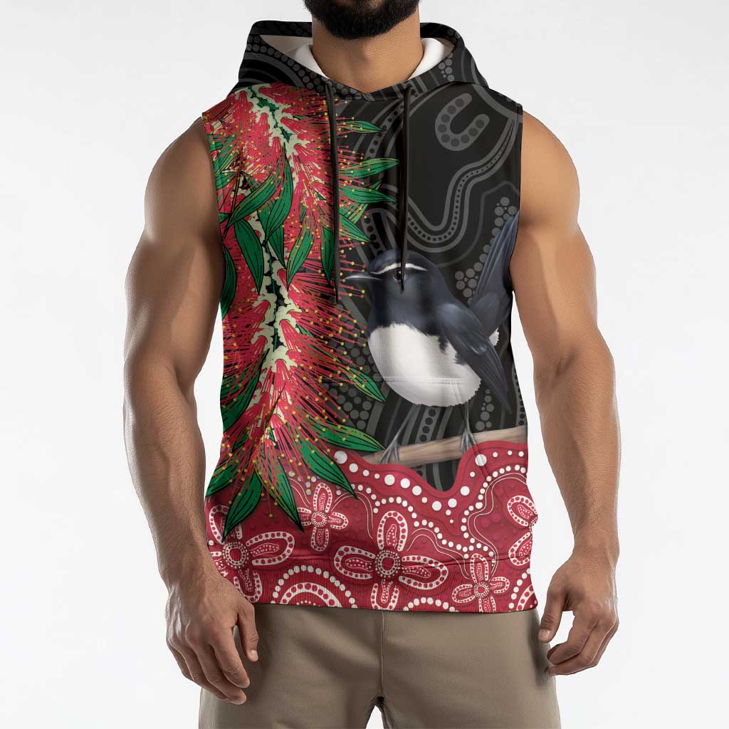 Willie wagtail Australia Sleeveless Hoodie Aussie Bottlebrushes Aboriginal Art - Aussie Hoodie