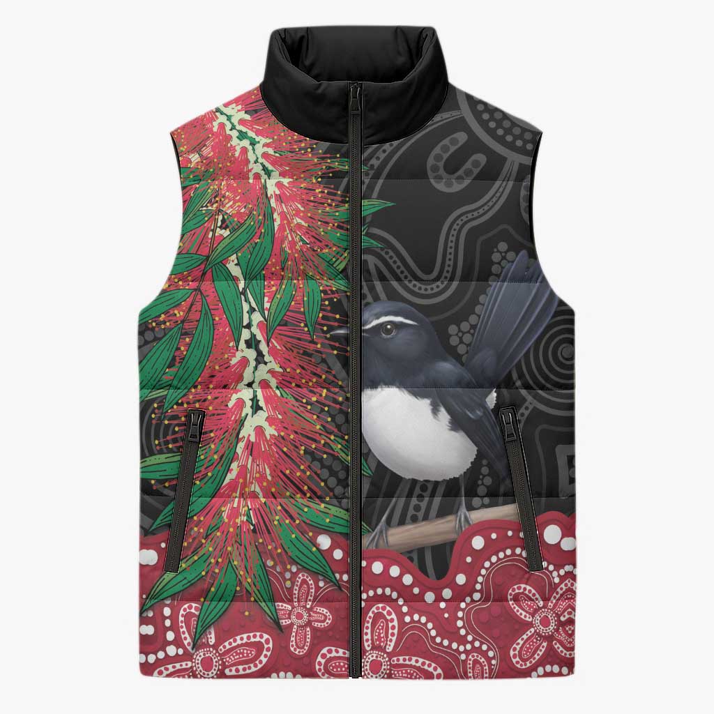 Willie wagtail Australia Sleeveless Puffer Jacket Aussie Bottlebrushes Aboriginal Art - Aussie Hoodie
