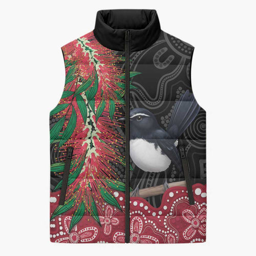Willie wagtail Australia Sleeveless Puffer Jacket Aussie Bottlebrushes Aboriginal Art - Aussie Hoodie
