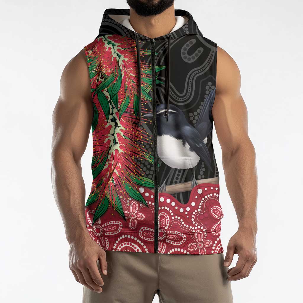 Willie wagtail Australia Sleeveless Zip Hoodie Aussie Bottlebrushes Aboriginal Art LT14