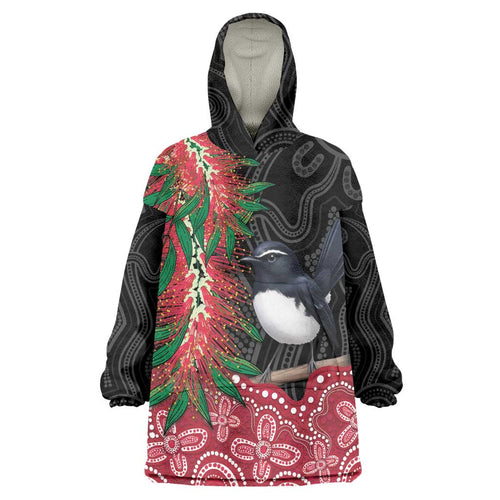 Willie wagtail Australia Wearable Blanket Hoodie Aussie Bottlebrushes Aboriginal Art - Aussie Hoodie