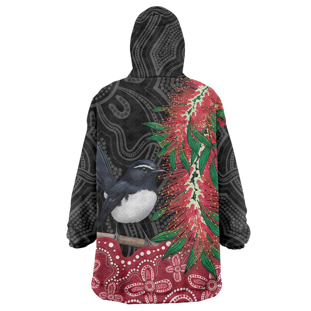 Willie wagtail Australia Wearable Blanket Hoodie Aussie Bottlebrushes Aboriginal Art - Aussie Hoodie