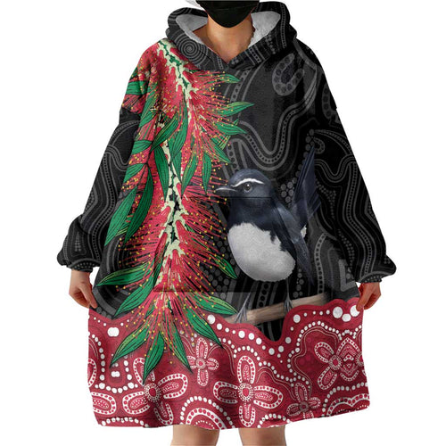 Willie wagtail Australia Wearable Blanket Hoodie Aussie Bottlebrushes Aboriginal Art - Aussie Hoodie