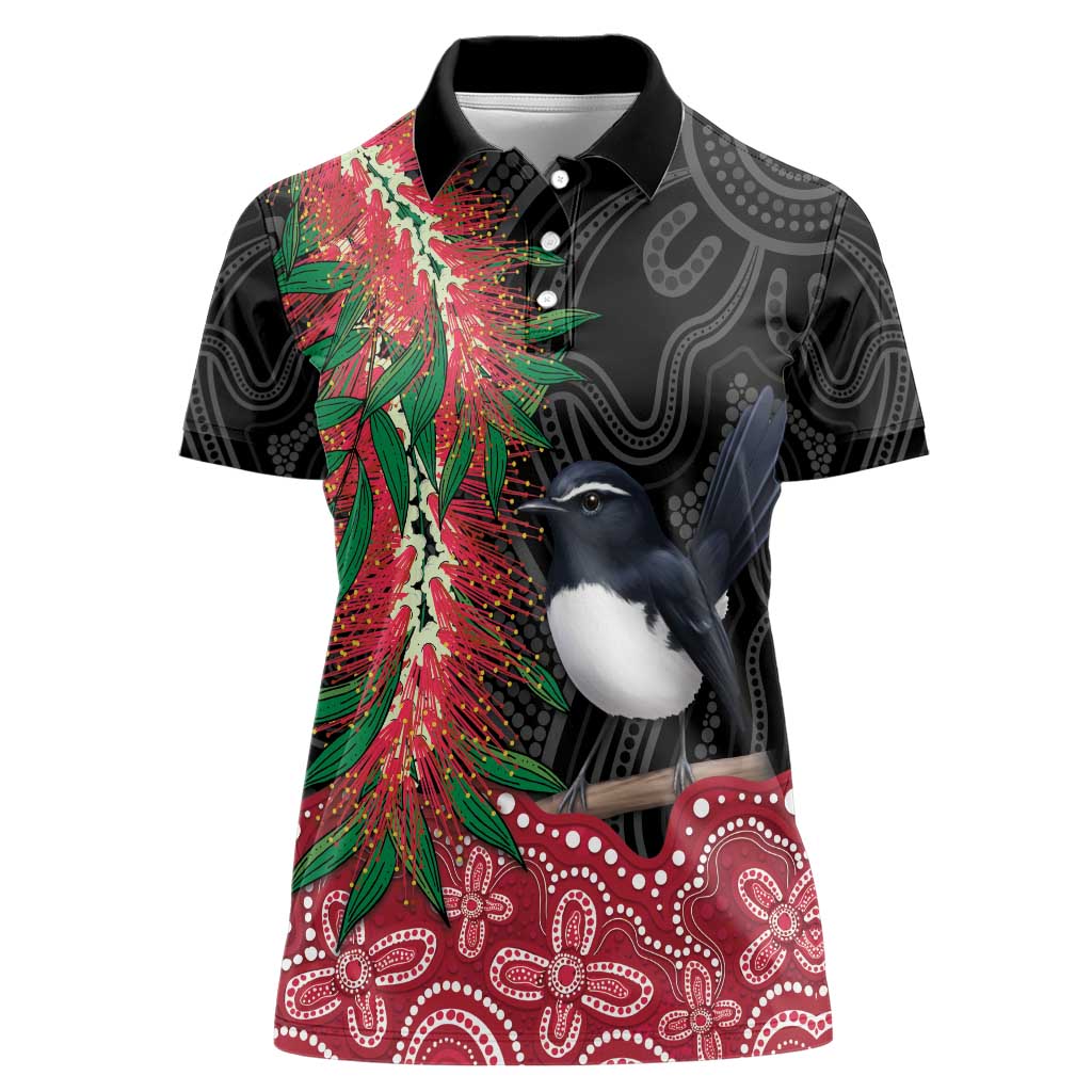 Willie wagtail Australia Women Polo Shirt Aussie Bottlebrushes Aboriginal Art - Aussie Hoodie