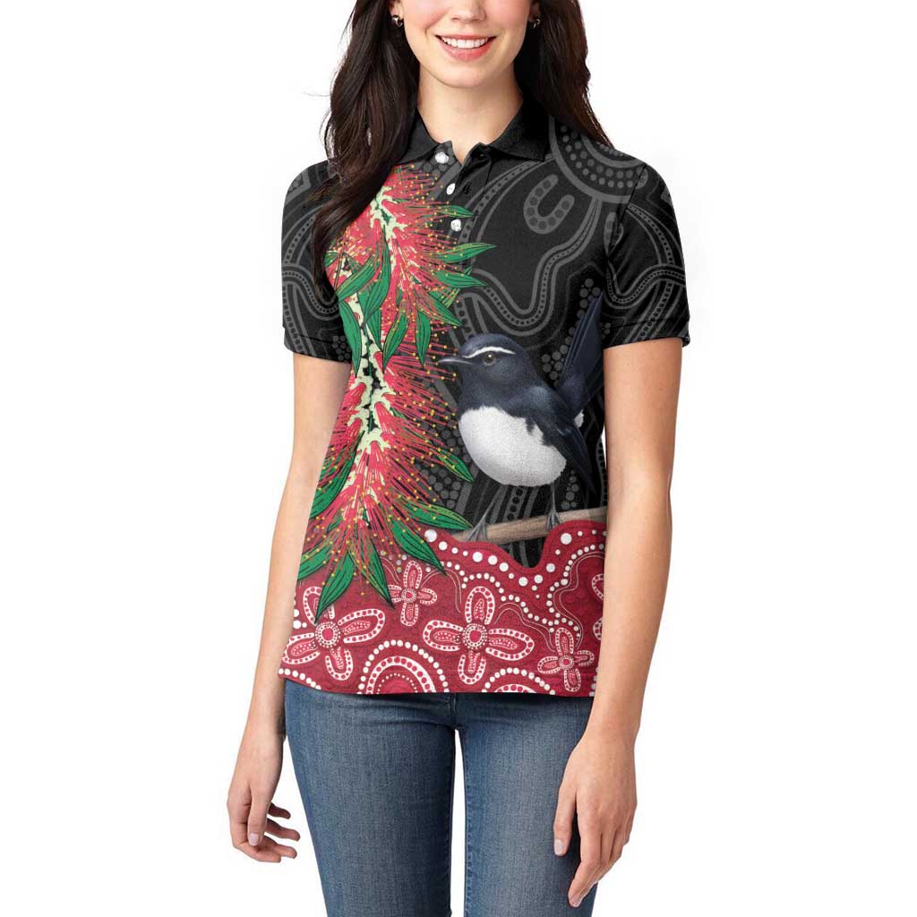 Willie wagtail Australia Women Polo Shirt Aussie Bottlebrushes Aboriginal Art - Aussie Hoodie