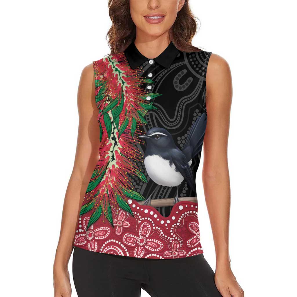 Willie wagtail Australia Women Sleeveless Polo Shirt Aussie Bottlebrushes Aboriginal Art - Aussie Hoodie