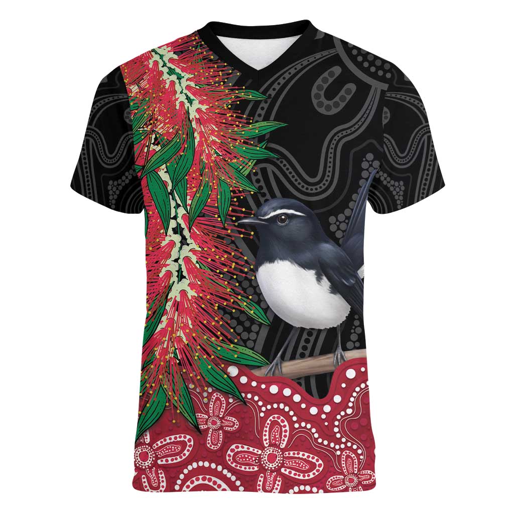 Willie wagtail Australia Women V-Neck T-Shirt Aussie Bottlebrushes Aboriginal Art - Aussie Hoodie