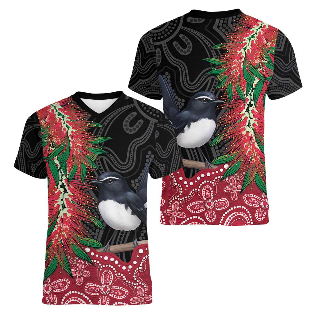 Willie wagtail Australia Women V-Neck T-Shirt Aussie Bottlebrushes Aboriginal Art - Aussie Hoodie