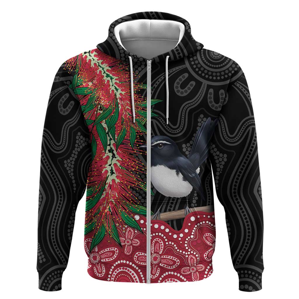 Willie wagtail Australia Zip Hoodie Aussie Bottlebrushes Aboriginal Art - Aussie Hoodie