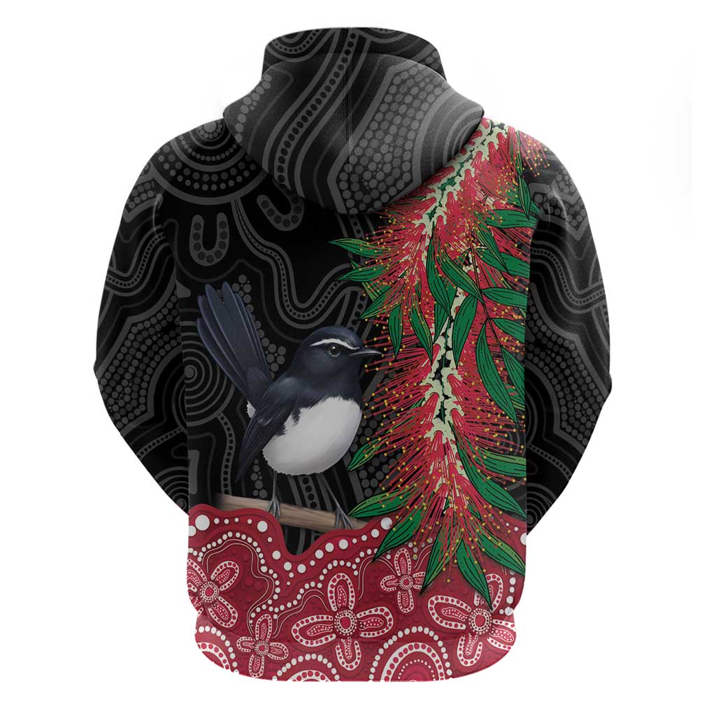 Willie wagtail Australia Zip Hoodie Aussie Bottlebrushes Aboriginal Art - Aussie Hoodie