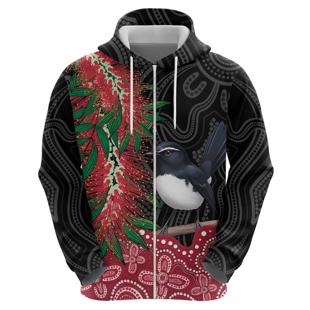 Willie wagtail Australia Zip Hoodie Aussie Bottlebrushes Aboriginal Art - Aussie Hoodie