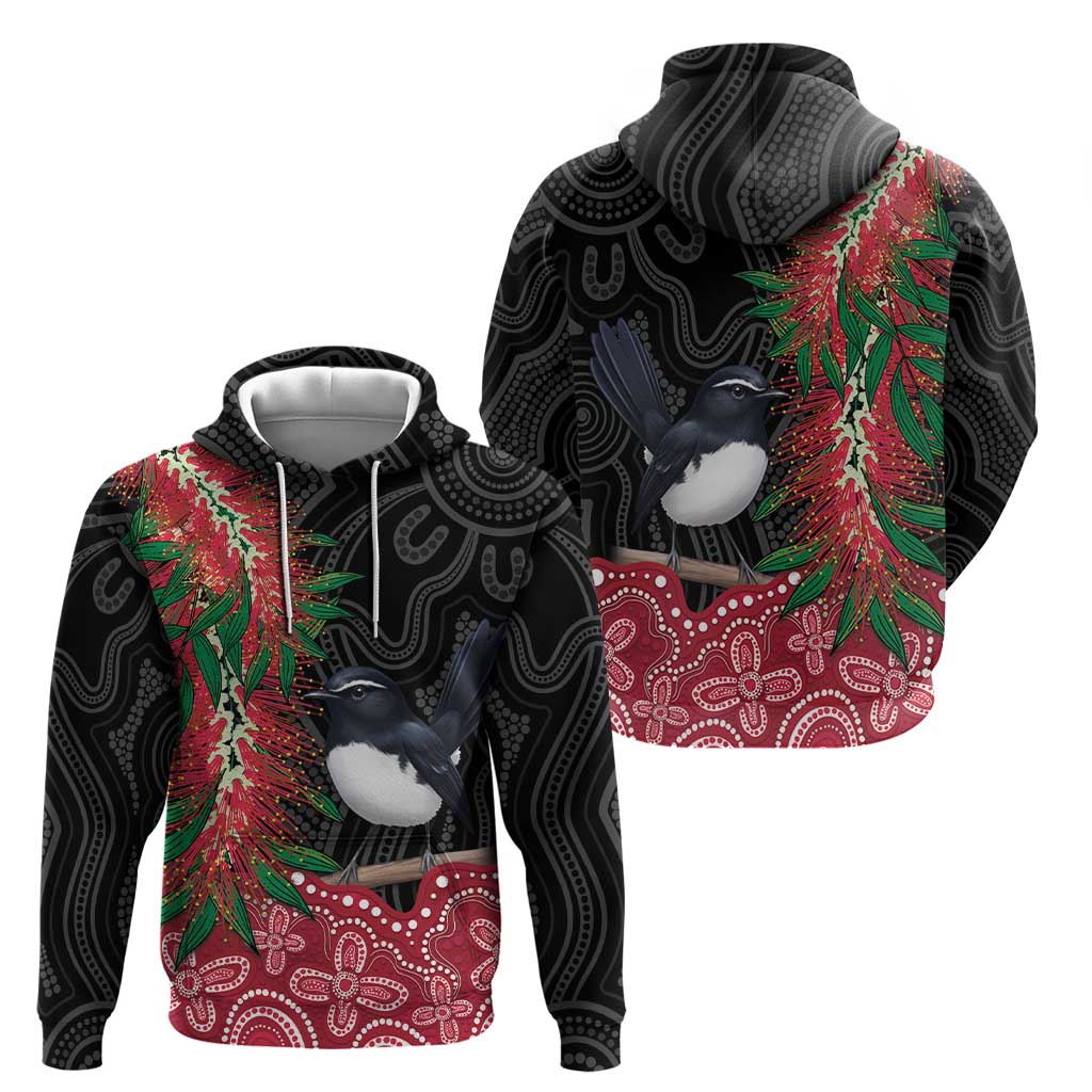 Willie wagtail Australia Zip Hoodie Aussie Bottlebrushes Aboriginal Art - Aussie Hoodie