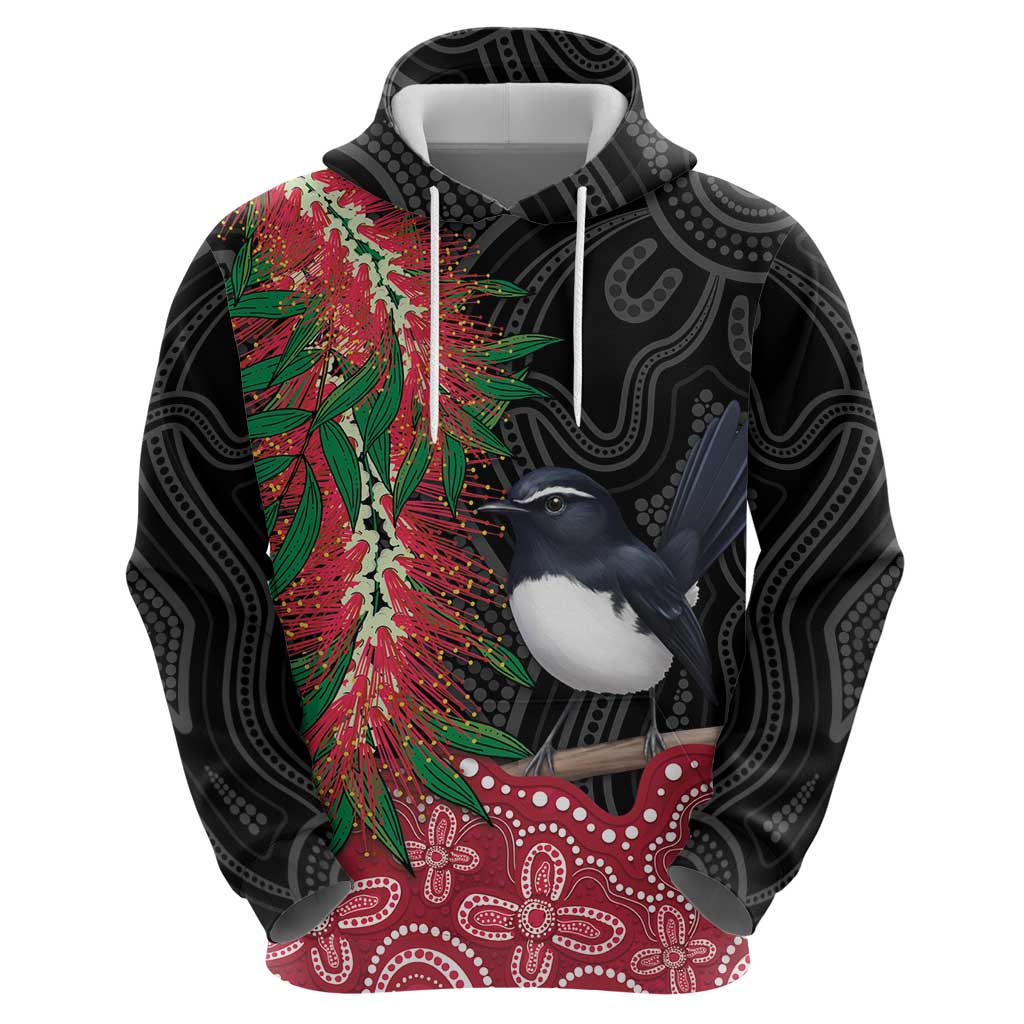Willie wagtail Australia Zip Hoodie Aussie Bottlebrushes Aboriginal Art - Aussie Hoodie