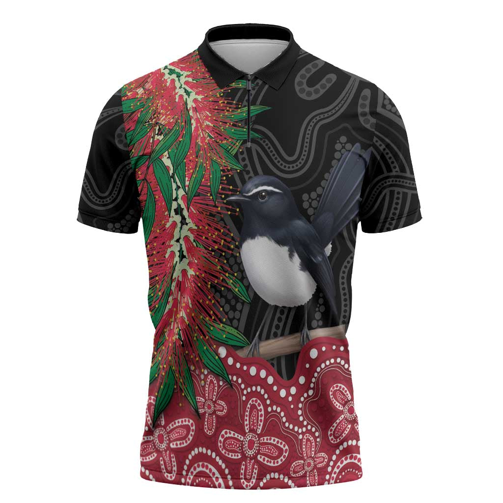Willie wagtail Australia Zipper Polo Shirt Aussie Bottlebrushes Aboriginal Art - Aussie Hoodie