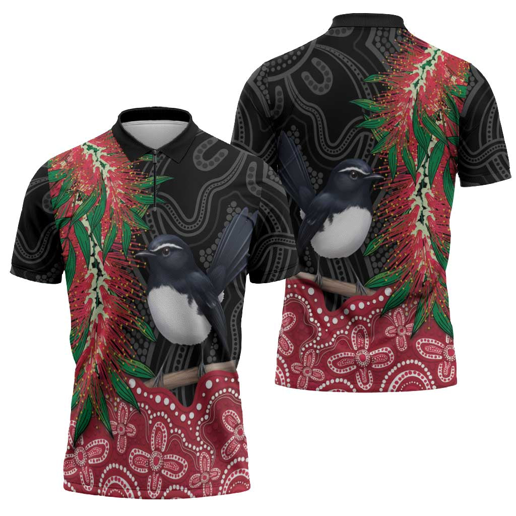 Willie wagtail Australia Zipper Polo Shirt Aussie Bottlebrushes Aboriginal Art - Aussie Hoodie