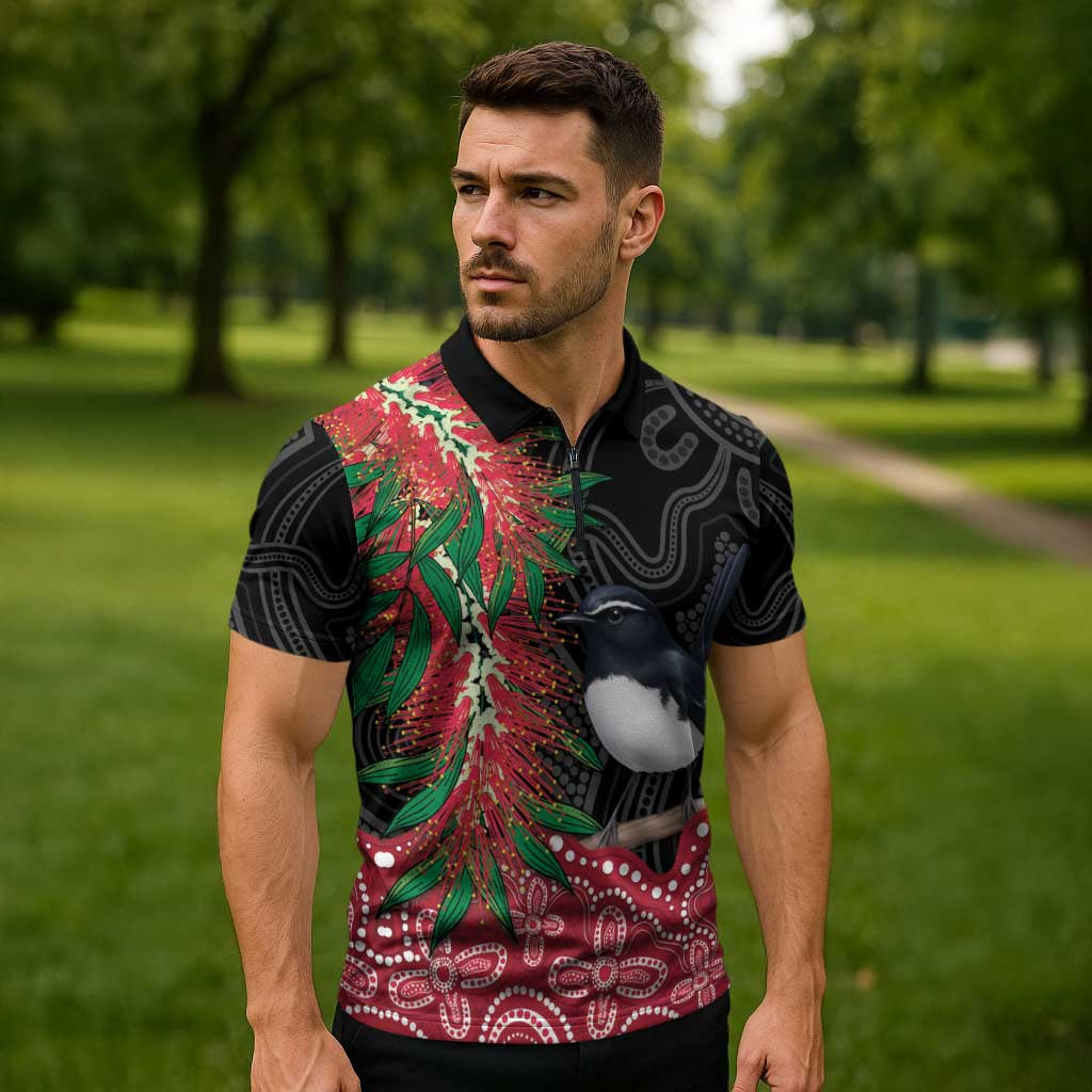 Willie wagtail Australia Zipper Polo Shirt Aussie Bottlebrushes Aboriginal Art - Aussie Hoodie