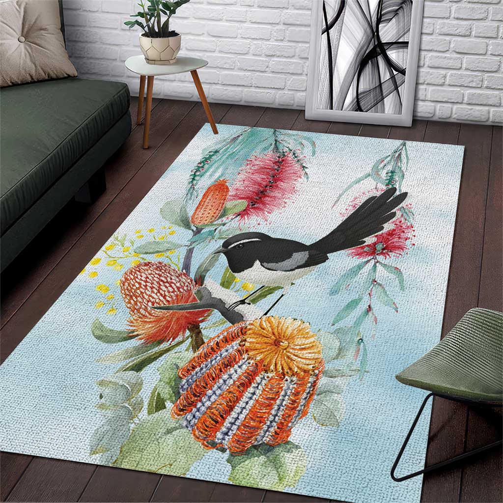Willie wagtail Australia Area Rug Banksia Bottlebrushes Watercolor Stylized - Aussie Hoodie
