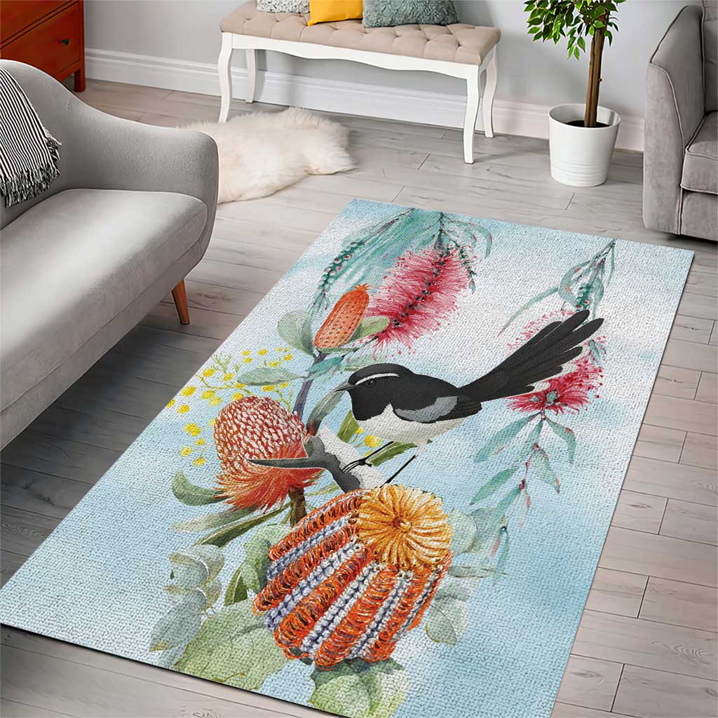 Willie wagtail Australia Area Rug Banksia Bottlebrushes Watercolor Stylized - Aussie Hoodie