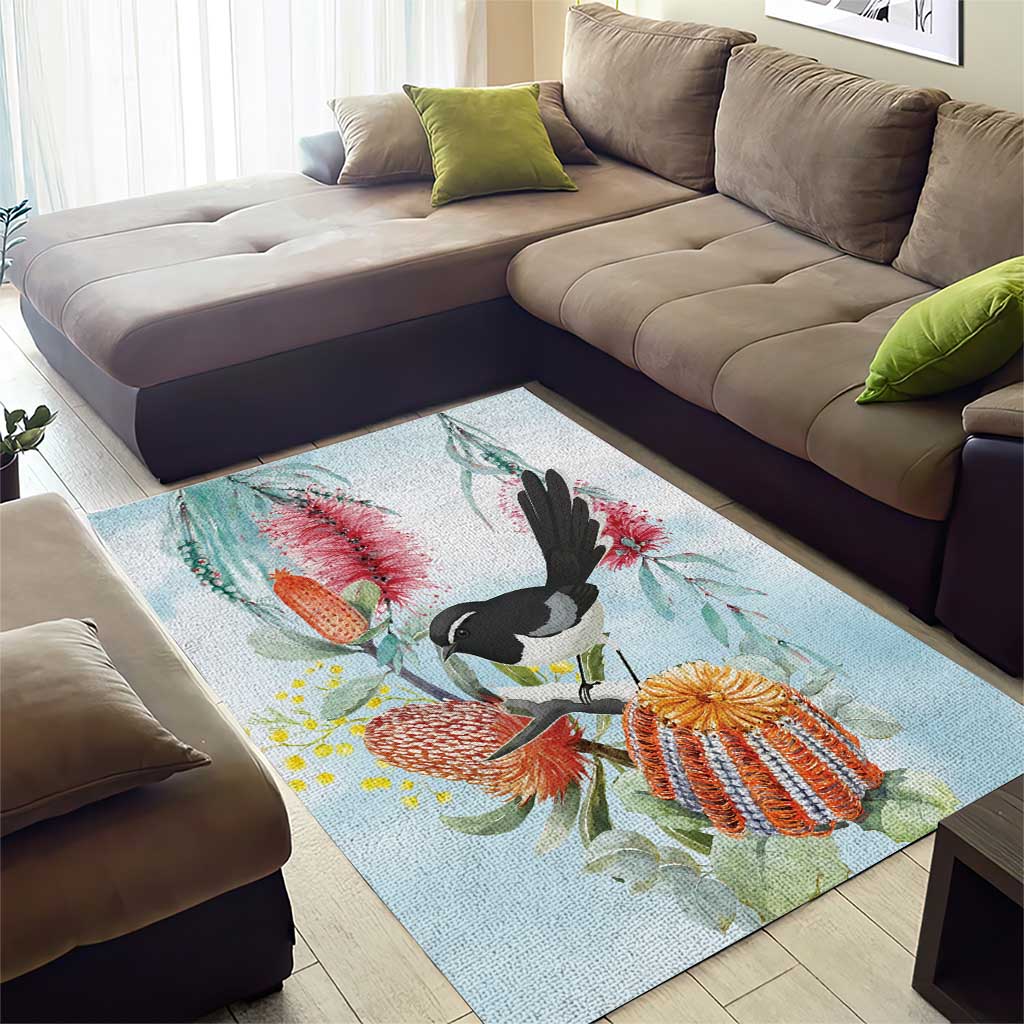 Willie wagtail Australia Area Rug Banksia Bottlebrushes Watercolor Stylized - Aussie Hoodie