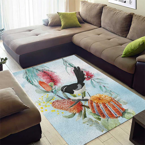 Willie wagtail Australia Area Rug Banksia Bottlebrushes Watercolor Stylized - Aussie Hoodie