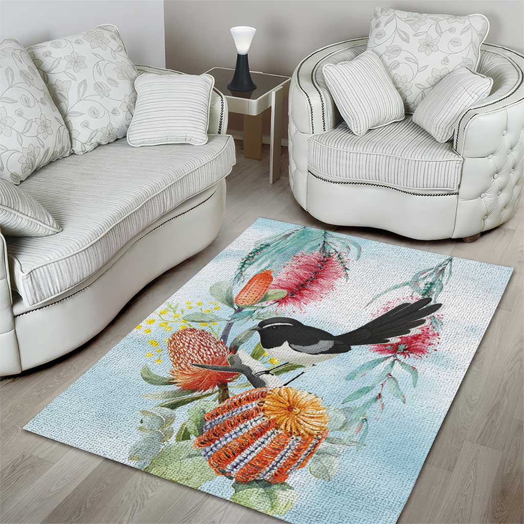 Willie wagtail Australia Area Rug Banksia Bottlebrushes Watercolor Stylized - Aussie Hoodie