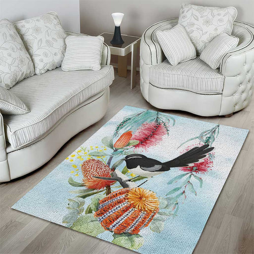 Willie wagtail Australia Area Rug Banksia Bottlebrushes Watercolor Stylized - Aussie Hoodie