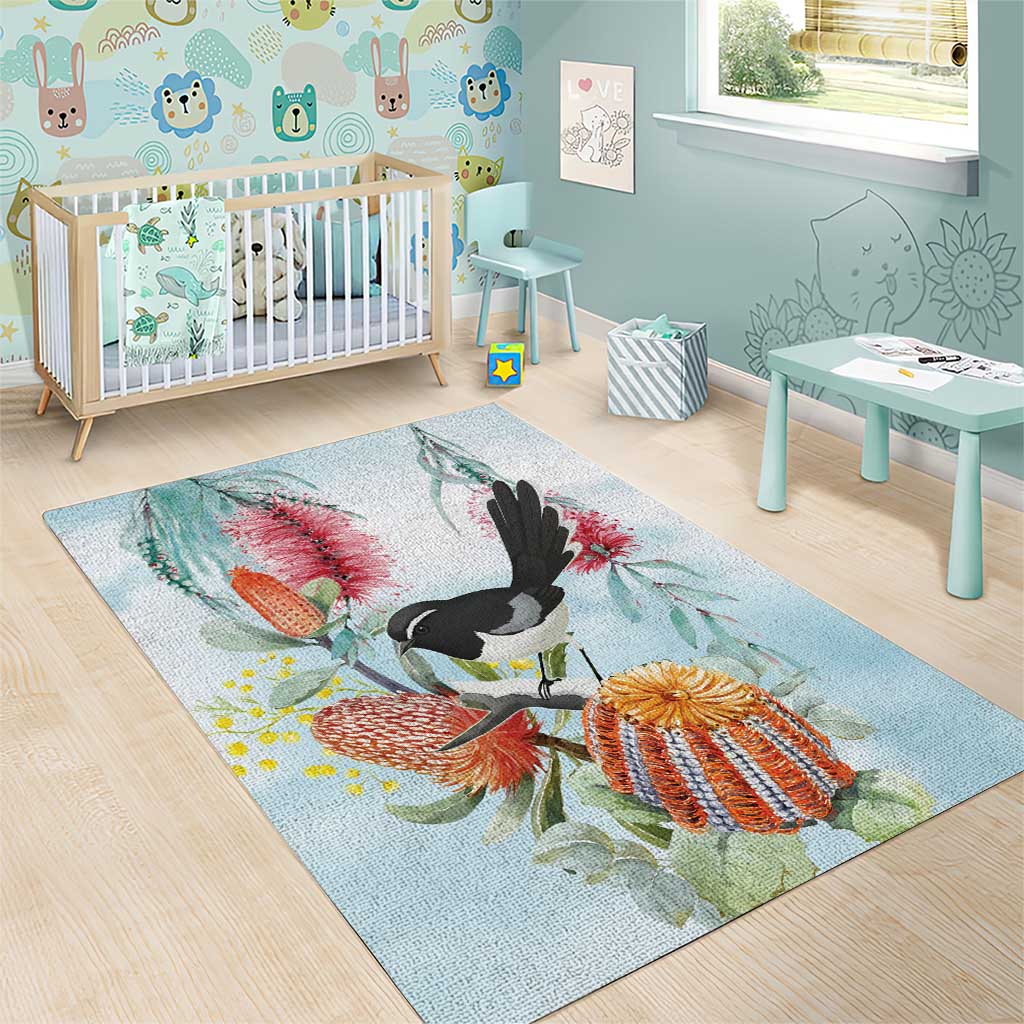 Willie wagtail Australia Area Rug Banksia Bottlebrushes Watercolor Stylized - Aussie Hoodie