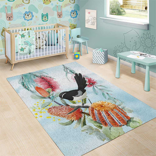 Willie wagtail Australia Area Rug Banksia Bottlebrushes Watercolor Stylized - Aussie Hoodie
