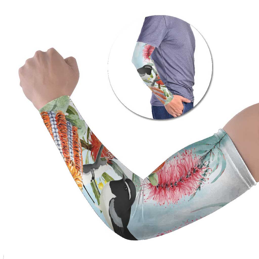 Willie wagtail Australia Arm Sleeves Banksia Bottlebrushes Watercolor Stylized - Aussie Hoodie
