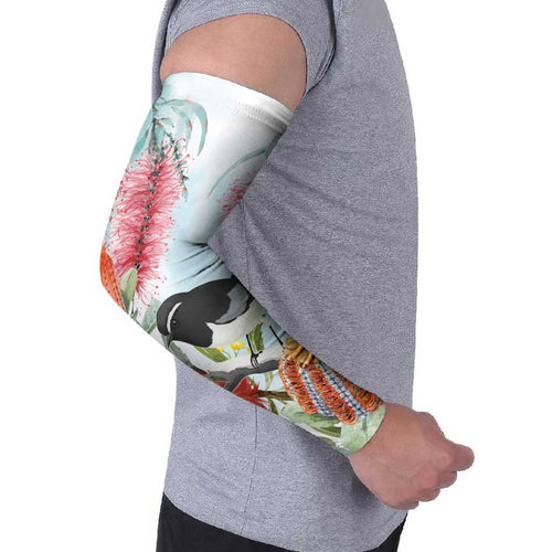 Willie wagtail Australia Arm Sleeves Banksia Bottlebrushes Watercolor Stylized - Aussie Hoodie
