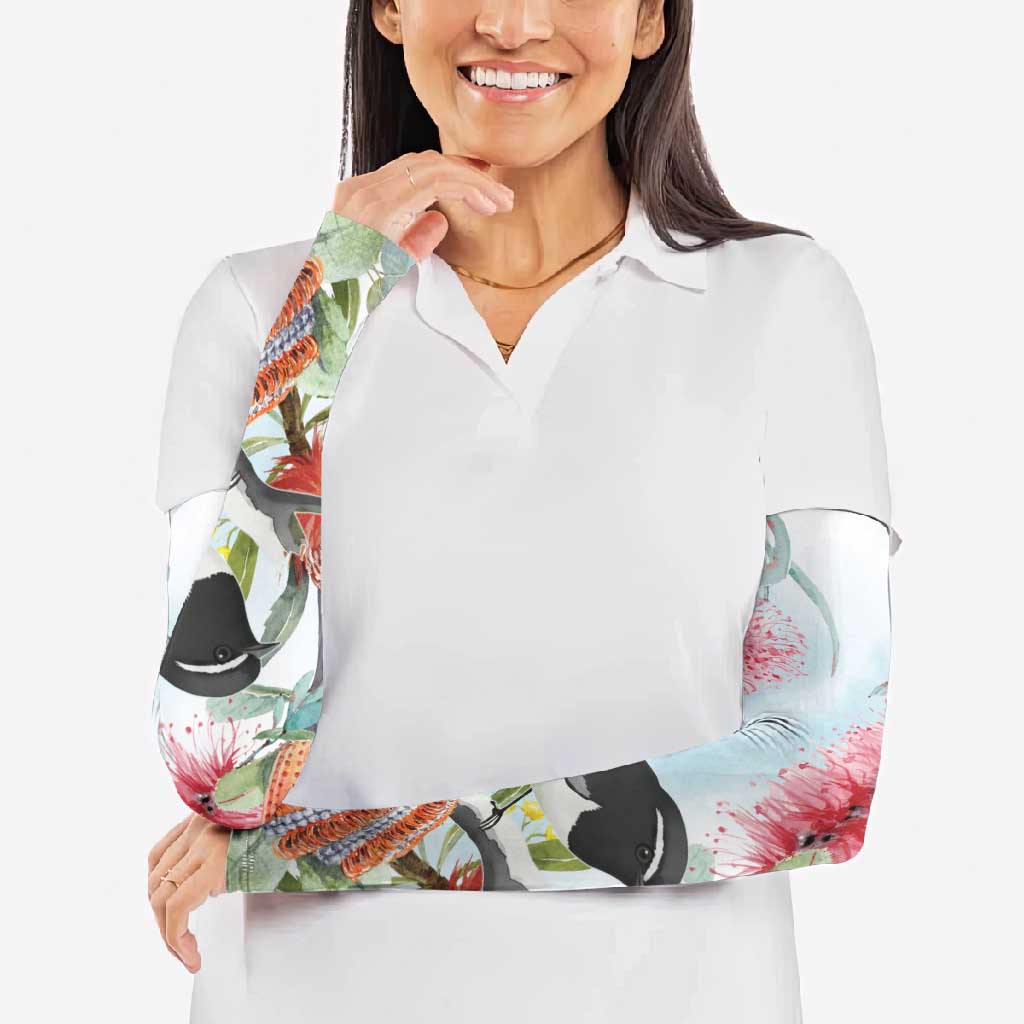 Willie wagtail Australia Arm Sleeves Banksia Bottlebrushes Watercolor Stylized - Aussie Hoodie