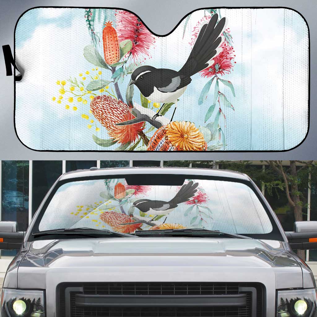 Willie wagtail Australia Auto Sun Shade Banksia Bottlebrushes Watercolor Stylized - Aussie Hoodie