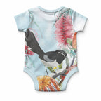 Willie wagtail Australia Baby Onesie Banksia Bottlebrushes Watercolor Stylized