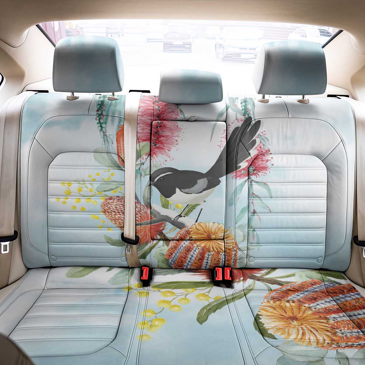 Willie wagtail Australia Back Car Seat Cover Banksia Bottlebrushes Watercolor Stylized - Aussie Hoodie