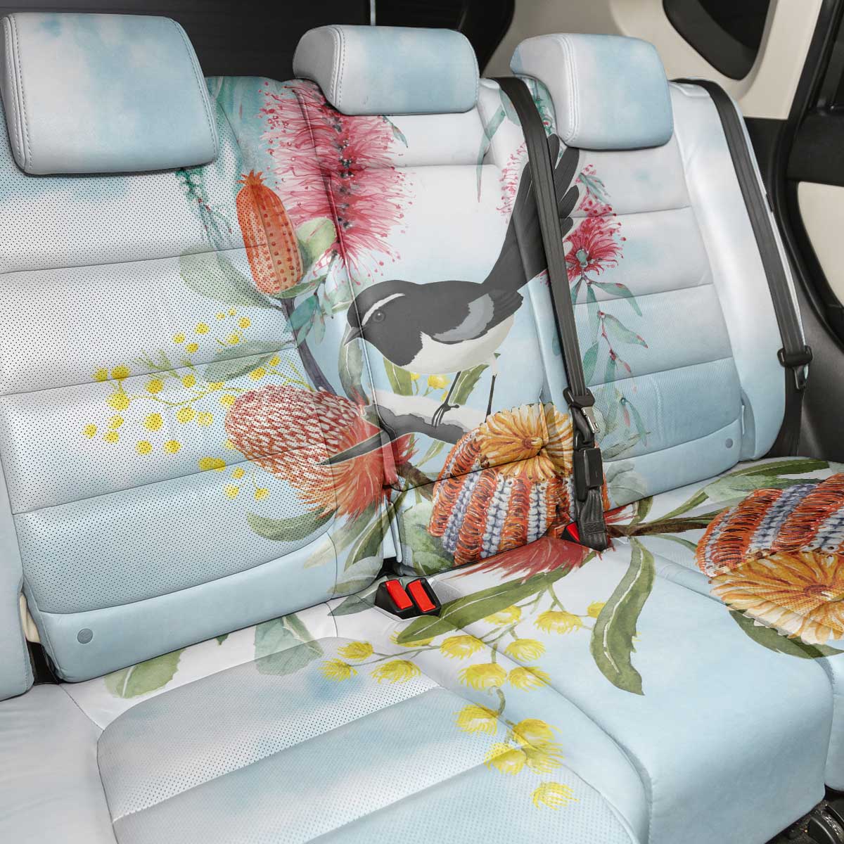 Willie wagtail Australia Back Car Seat Cover Banksia Bottlebrushes Watercolor Stylized - Aussie Hoodie