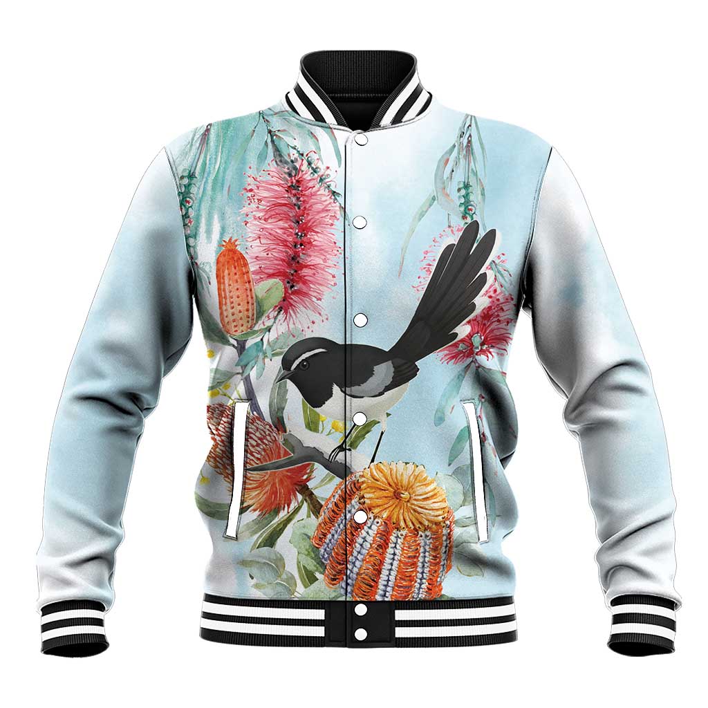 Willie wagtail Australia Baseball Jacket Banksia Bottlebrushes Watercolor Stylized - Aussie Hoodie