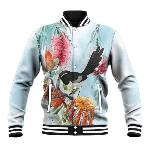 Willie wagtail Australia Baseball Jacket Banksia Bottlebrushes Watercolor Stylized - Aussie Hoodie